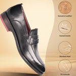 A black Men's bugatti Penny Loafer featuring a round apron toe, moulded  heel. Made from premium genuine leather with a durable tr outsole, this slip-on design offers both style and comfort.