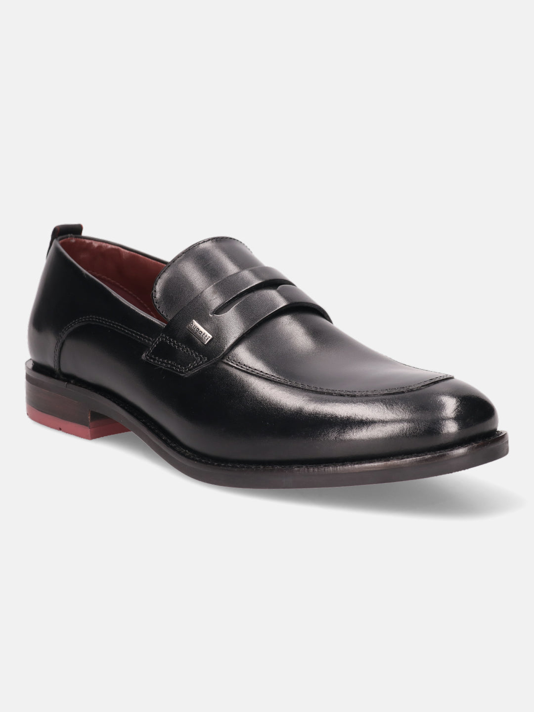 A black Men's bugatti Penny Loafer featuring a round apron toe, moulded  heel. Made from premium genuine leather with a durable tr outsole, this slip-on design offers both style and comfort.