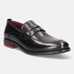A black Men's bugatti Penny Loafer featuring a round apron toe, moulded  heel. Made from premium genuine leather with a durable tr outsole, this slip-on design offers both style and comfort.