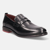 A black Men's bugatti Penny Loafer featuring a round apron toe, moulded  heel. Made from premium genuine leather with a durable tr outsole, this slip-on design offers both style and comfort.