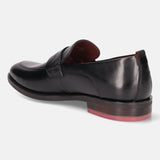 A black Men's bugatti Penny Loafer featuring a round apron toe, moulded  heel. Made from premium genuine leather with a durable tr outsole, this slip-on design offers both style and comfort.