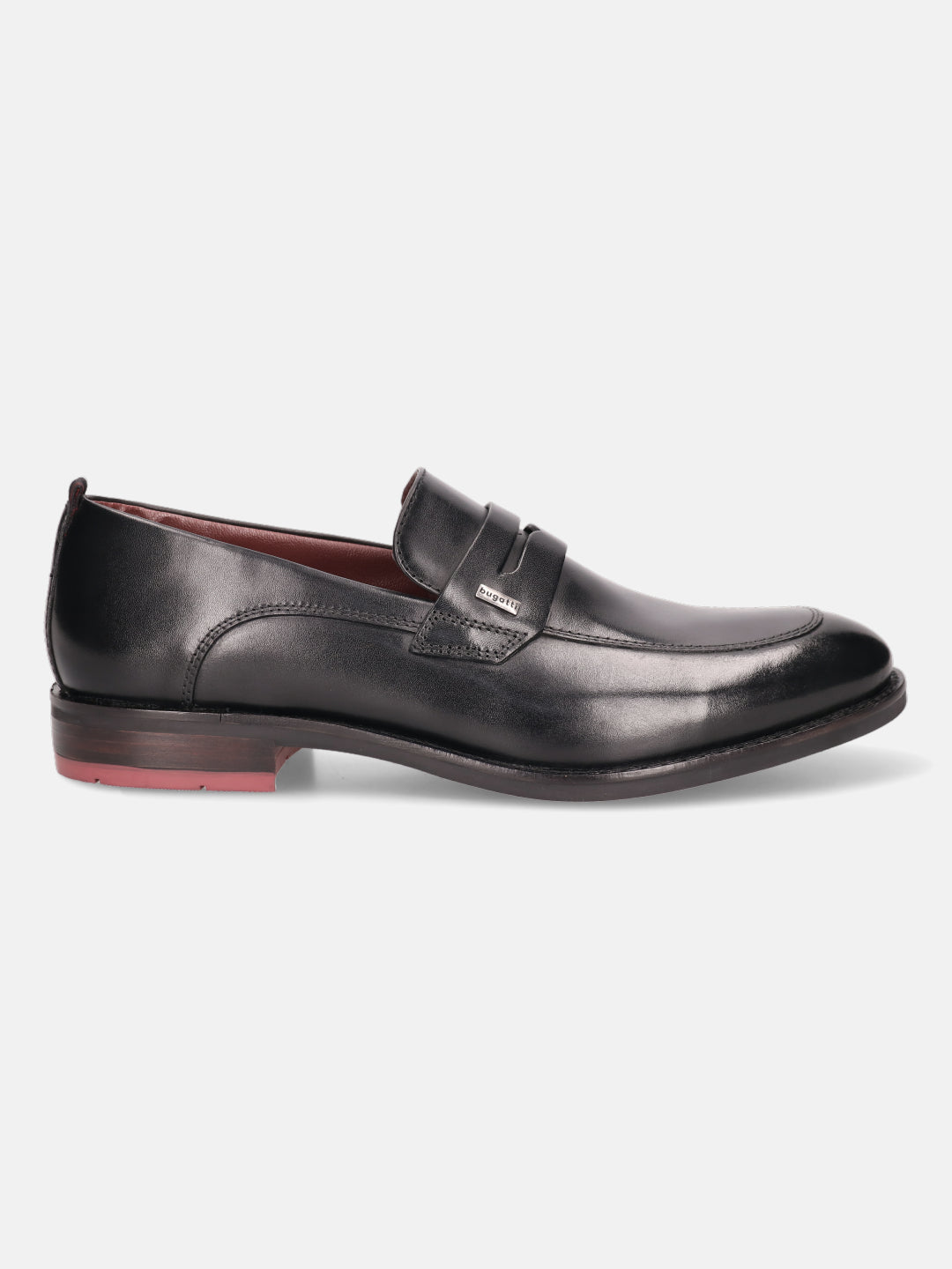 A black Men's bugatti Penny Loafer featuring a round apron toe, moulded  heel. Made from premium genuine leather with a durable tr outsole, this slip-on design offers both style and comfort.