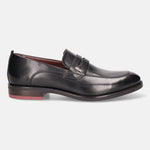 A black Men's bugatti Penny Loafer featuring a round apron toe, moulded  heel. Made from premium genuine leather with a durable tr outsole, this slip-on design offers both style and comfort.