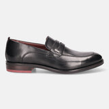 A black Men's bugatti Penny Loafer featuring a round apron toe, moulded  heel. Made from premium genuine leather with a durable tr outsole, this slip-on design offers both style and comfort.