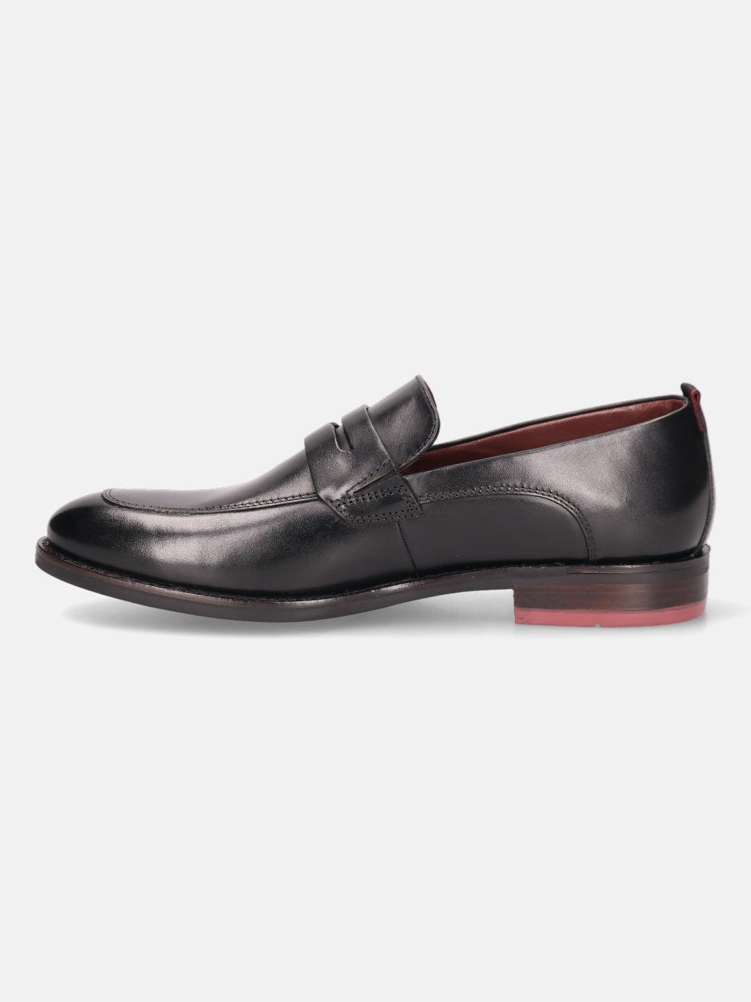 A black Men's bugatti Penny Loafer featuring a round apron toe, moulded  heel. Made from premium genuine leather with a durable tr outsole, this slip-on design offers both style and comfort.