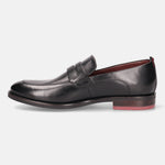 A black Men's bugatti Penny Loafer featuring a round apron toe, moulded  heel. Made from premium genuine leather with a durable tr outsole, this slip-on design offers both style and comfort.