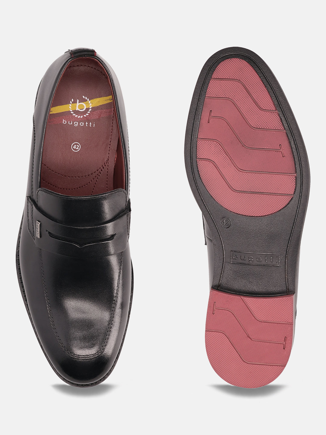 A black Men's bugatti Penny Loafer featuring a round apron toe, moulded  heel. Made from premium genuine leather with a durable tr outsole, this slip-on design offers both style and comfort.