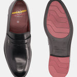 A black Men's bugatti Penny Loafer featuring a round apron toe, moulded  heel. Made from premium genuine leather with a durable tr outsole, this slip-on design offers both style and comfort.