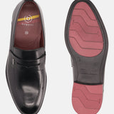 A black Men's bugatti Penny Loafer featuring a round apron toe, moulded  heel. Made from premium genuine leather with a durable tr outsole, this slip-on design offers both style and comfort.