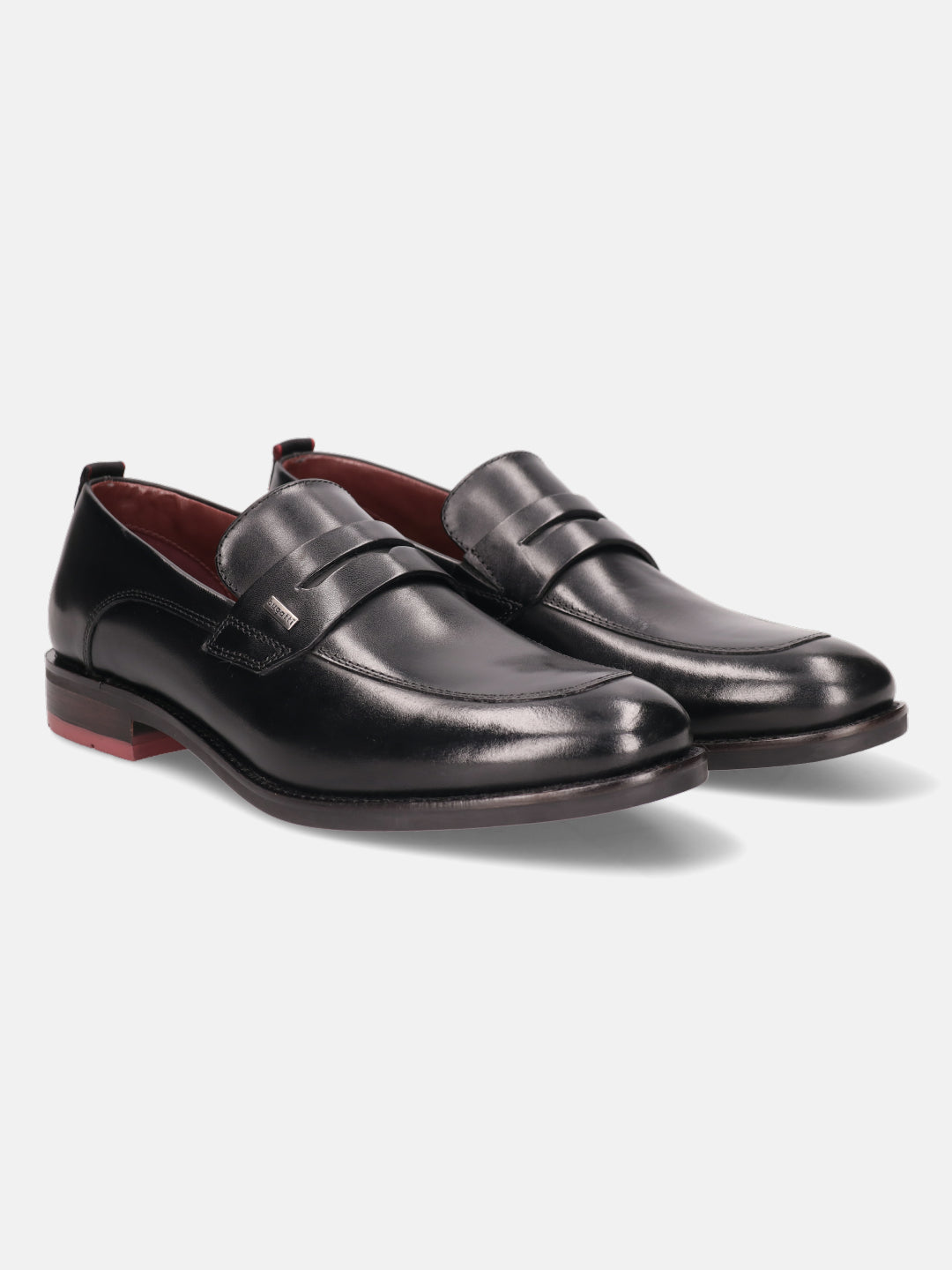 A black Men's bugatti Penny Loafer featuring a round apron toe, moulded  heel. Made from premium genuine leather with a durable tr outsole, this slip-on design offers both style and comfort.