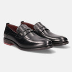 A black Men's bugatti Penny Loafer featuring a round apron toe, moulded  heel. Made from premium genuine leather with a durable tr outsole, this slip-on design offers both style and comfort.