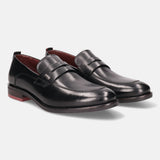 A black Men's bugatti Penny Loafer featuring a round apron toe, moulded  heel. Made from premium genuine leather with a durable tr outsole, this slip-on design offers both style and comfort.