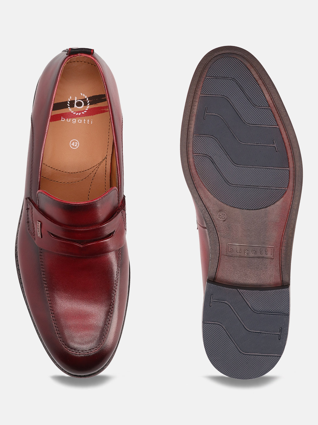 Red leather penny loafers by bugatti with visible logo and size markings, also showing the patterned sole.