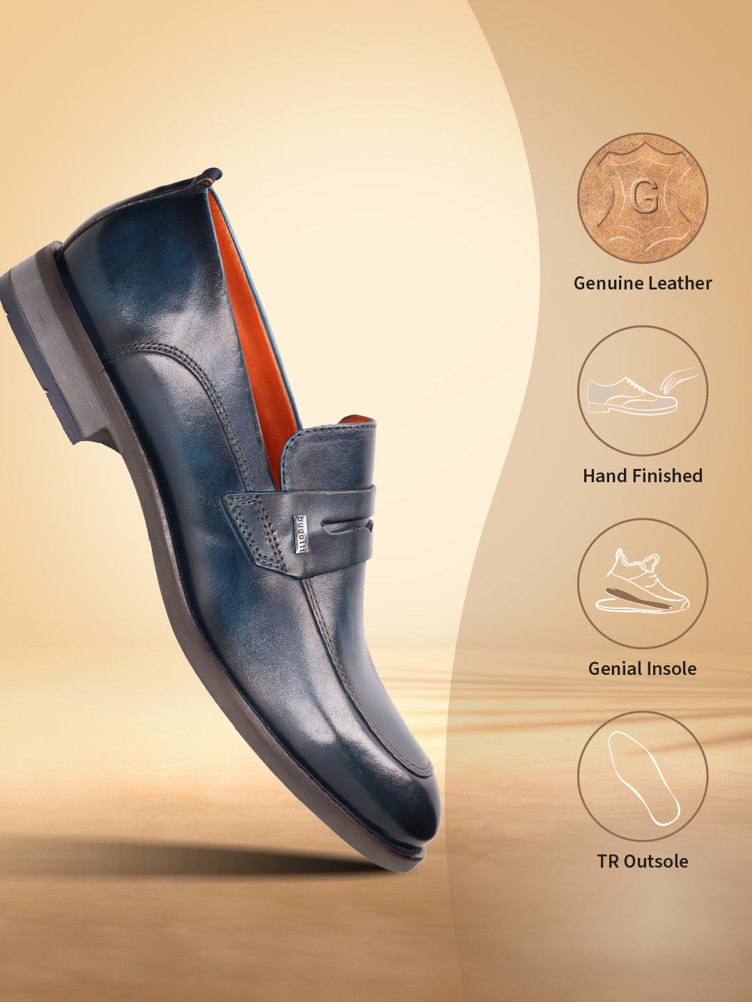 Blue leather penny loafers by bugatti with a shiny finish, shown floating on a beige background.