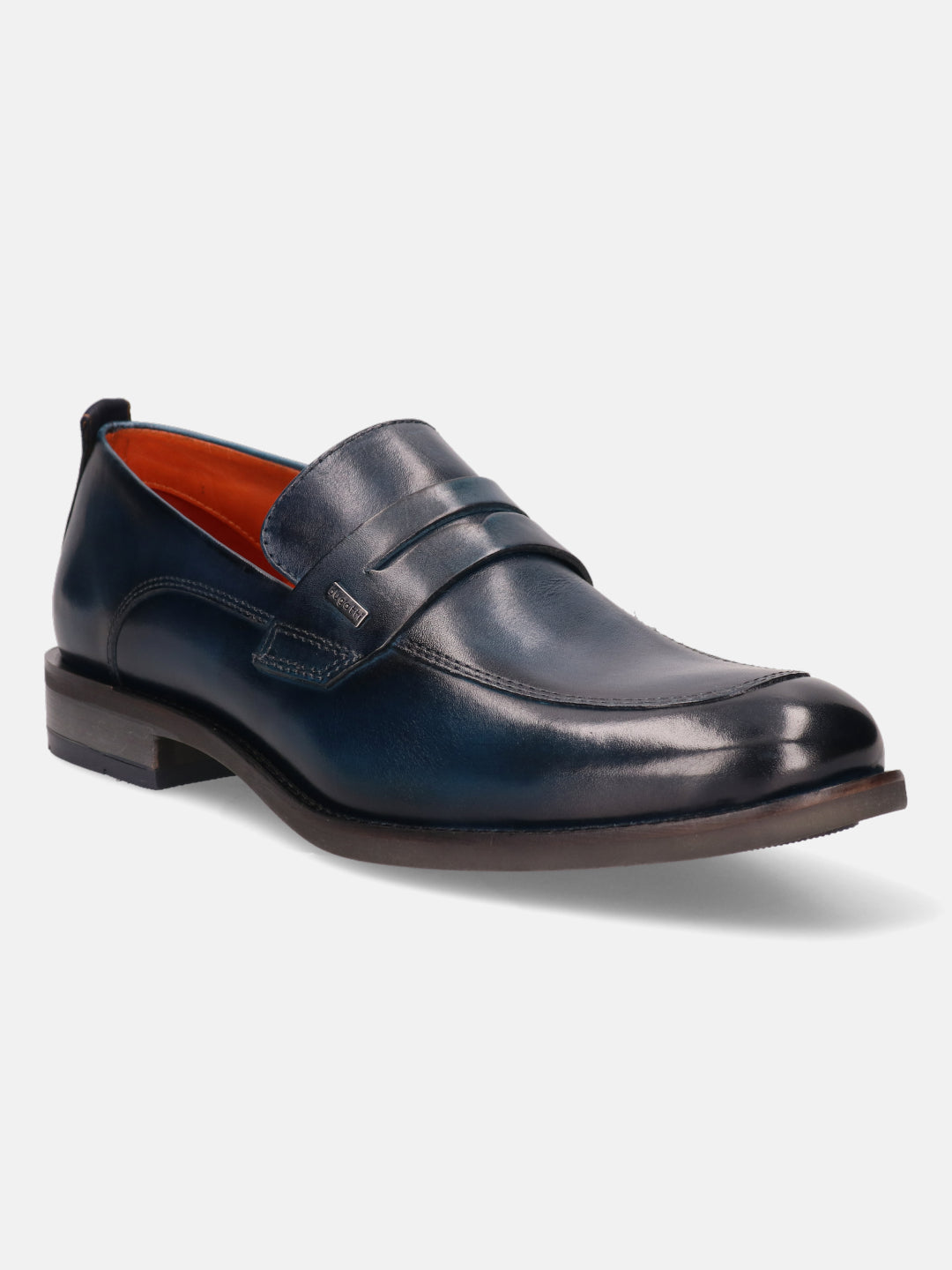 A blue Men's bugatti Penny Loafer featuring a round apron toe, moulded  heel. Made from premium genuine leather with a durable tr outsole, this slip-on design offers both style and comfort.