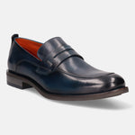 A blue Men's bugatti Penny Loafer featuring a round apron toe, moulded  heel. Made from premium genuine leather with a durable tr outsole, this slip-on design offers both style and comfort.