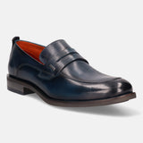 A blue Men's bugatti Penny Loafer featuring a round apron toe, moulded  heel. Made from premium genuine leather with a durable tr outsole, this slip-on design offers both style and comfort.