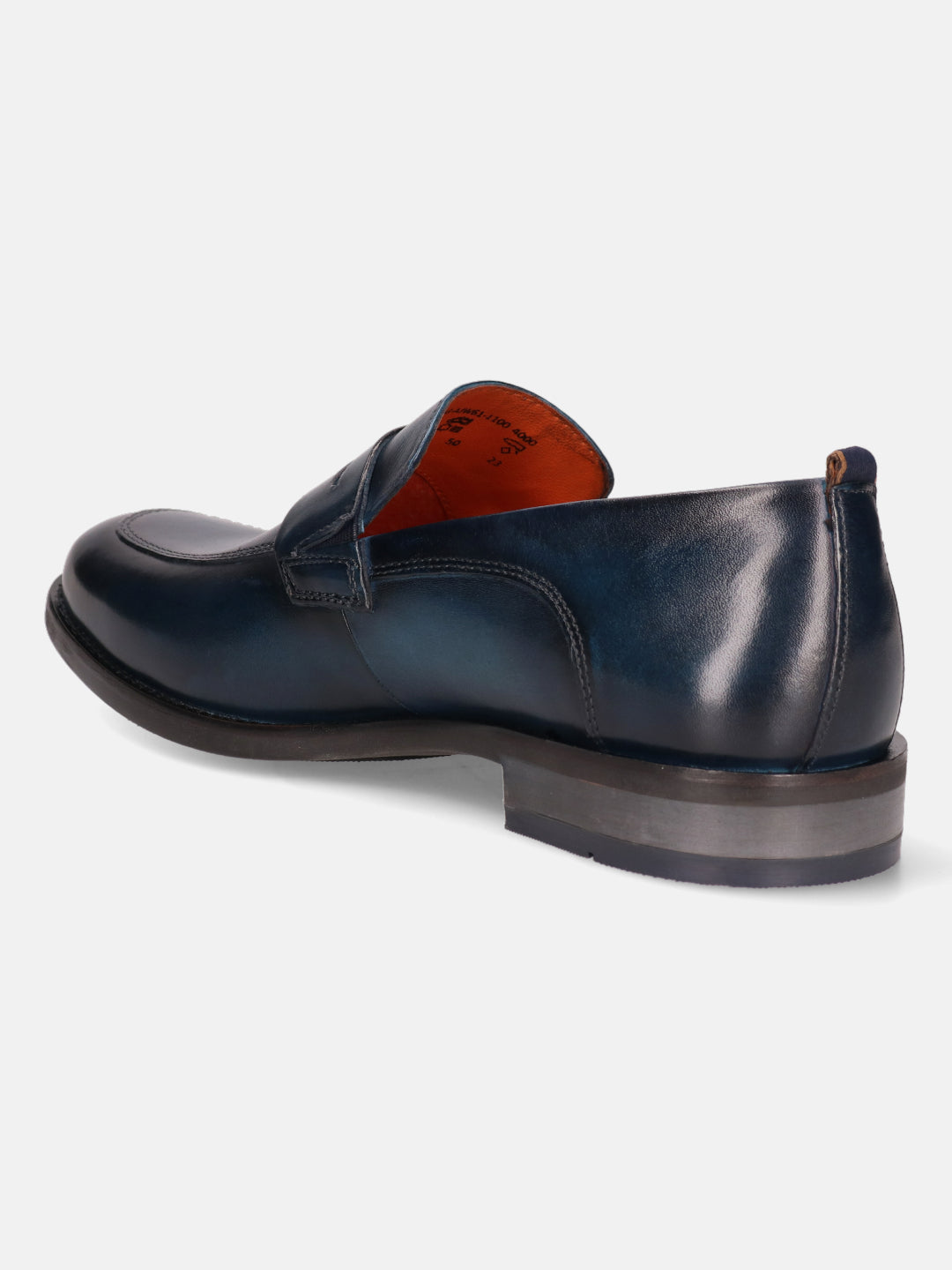 Blue leather loafer by bugatti, shown in a back angle view with a visible orange interior.