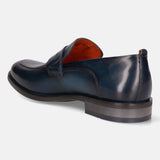 Blue leather loafer by bugatti, shown in a back angle view with a visible orange interior.