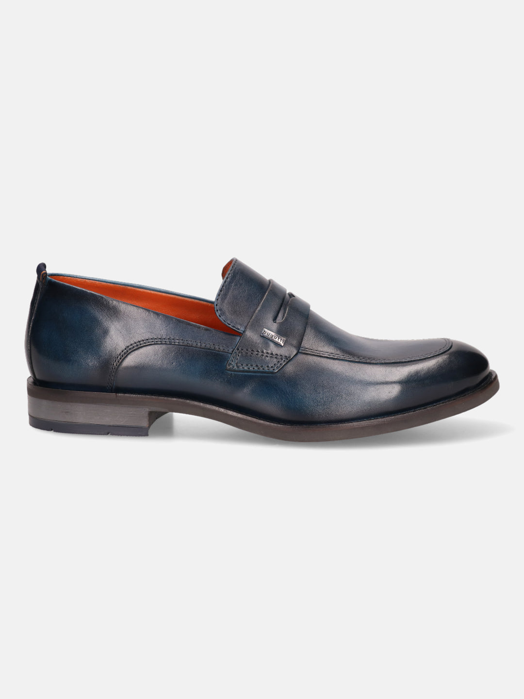 Blue leather penny loafer by bugatti with orange interior and grey heel.