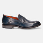 Blue leather penny loafer by bugatti with orange interior and grey heel.