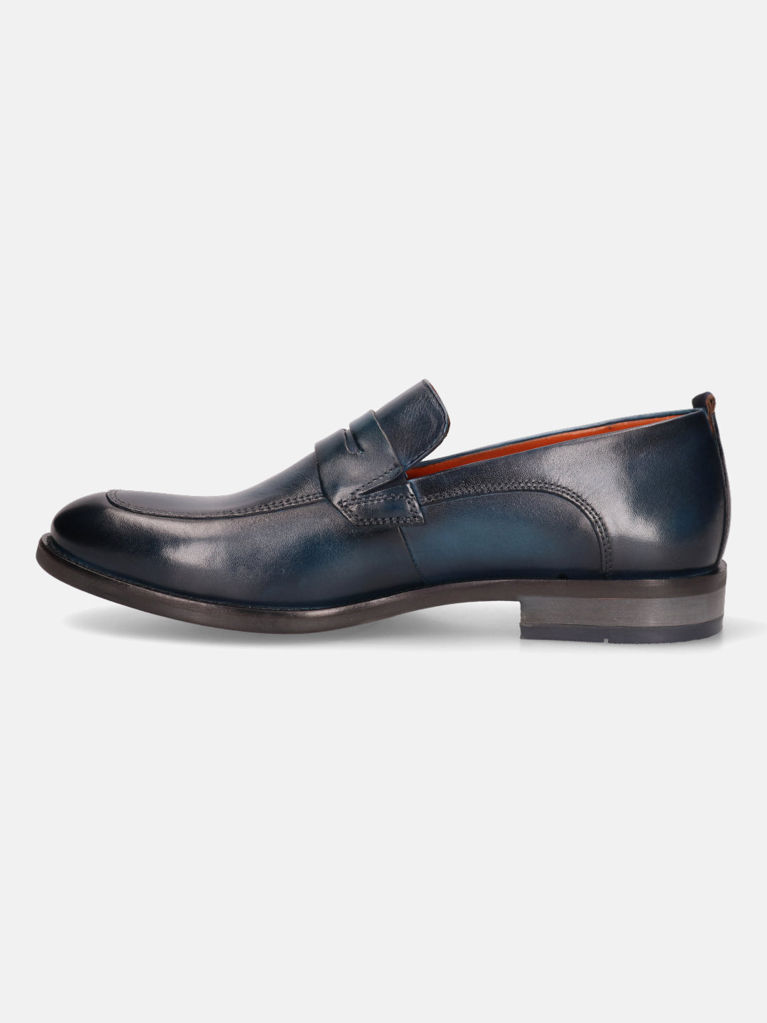 A blue Men's bugatti Penny Loafer featuring a round apron toe, moulded  heel. Made from premium genuine leather with a durable tr outsole, this slip-on design offers both style and comfort.