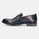 A blue Men's bugatti Penny Loafer featuring a round apron toe, moulded  heel. Made from premium genuine leather with a durable tr outsole, this slip-on design offers both style and comfort.