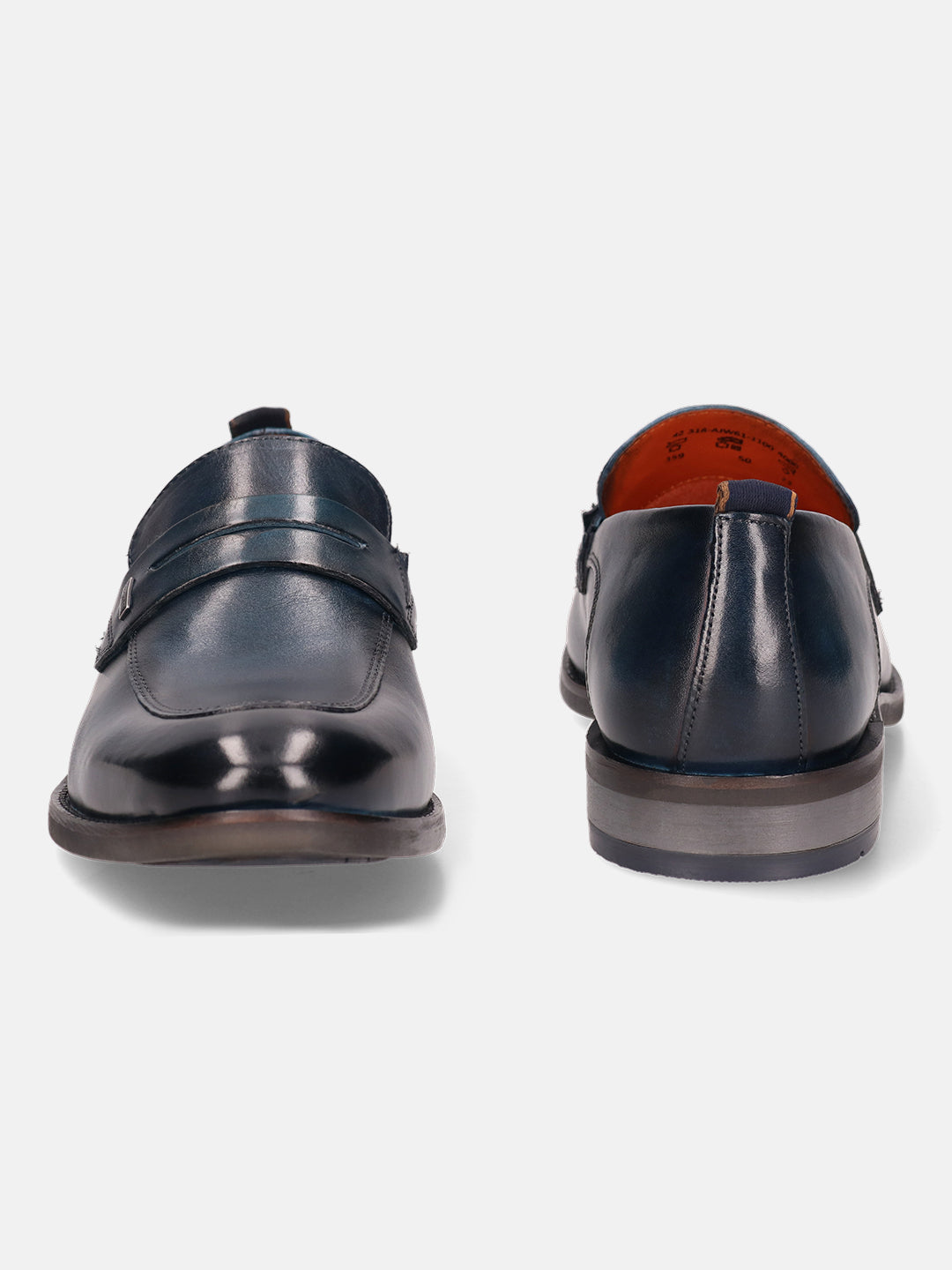 Blue leather penny loafers by bugatti with tonal stitching and visible orange lining.