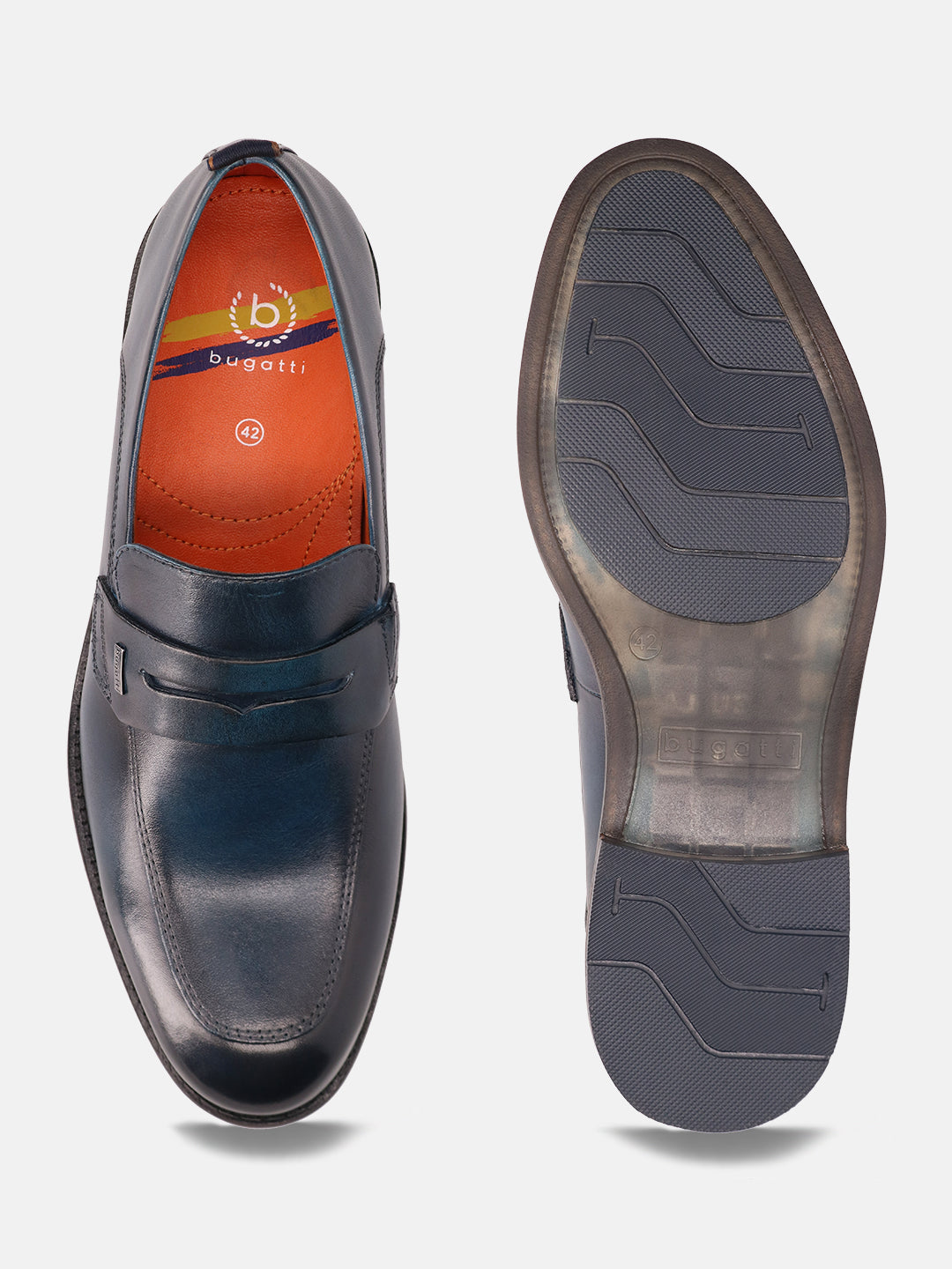 A blue Men's bugatti Penny Loafer featuring a round apron toe, moulded  heel. Made from premium genuine leather with a durable tr outsole, this slip-on design offers both style and comfort.