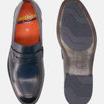 A blue Men's bugatti Penny Loafer featuring a round apron toe, moulded  heel. Made from premium genuine leather with a durable tr outsole, this slip-on design offers both style and comfort.