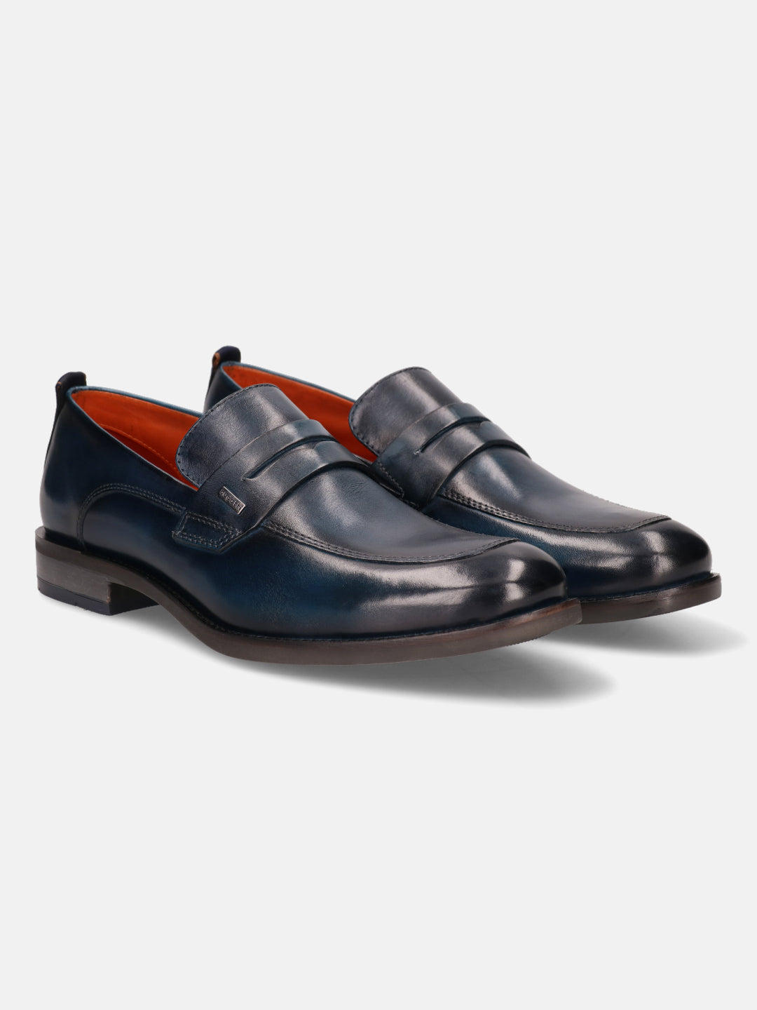 A blue Men's bugatti Penny Loafer featuring a round apron toe, moulded  heel. Made from premium genuine leather with a durable tr outsole, this slip-on design offers both style and comfort.
