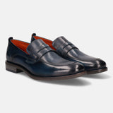 A blue Men's bugatti Penny Loafer featuring a round apron toe, moulded  heel. Made from premium genuine leather with a durable tr outsole, this slip-on design offers both style and comfort.