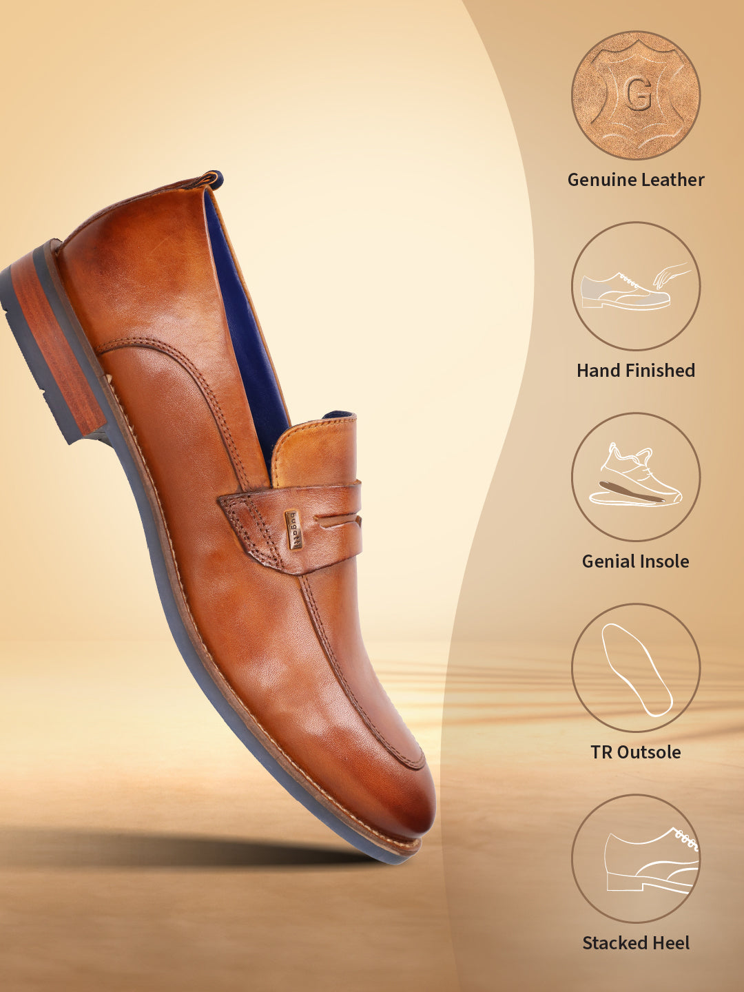 Cognac premium leather penny loafer by bugatti, with a blue insole and stacked heel.