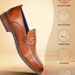 Cognac premium leather penny loafer by bugatti, with a blue insole and stacked heel.