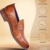 Cognac premium leather penny loafer by bugatti, with a blue insole and stacked heel.
