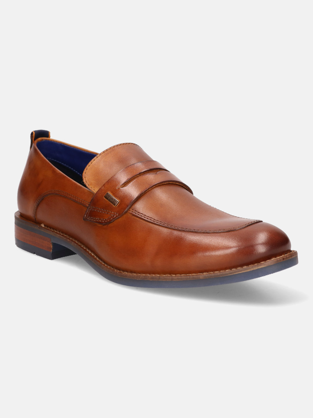 Cognac premium leather penny loafer by bugatti with a blue sole and interior.