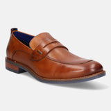 Cognac premium leather penny loafer by bugatti with a blue sole and interior.