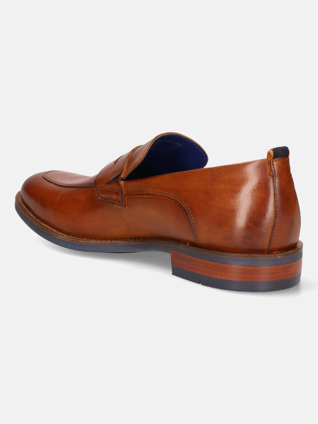 Cognac premium leather loafers by bugatti with a dark blue lining and dark accent on the heel.