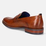 Cognac premium leather loafers by bugatti with a dark blue lining and dark accent on the heel.