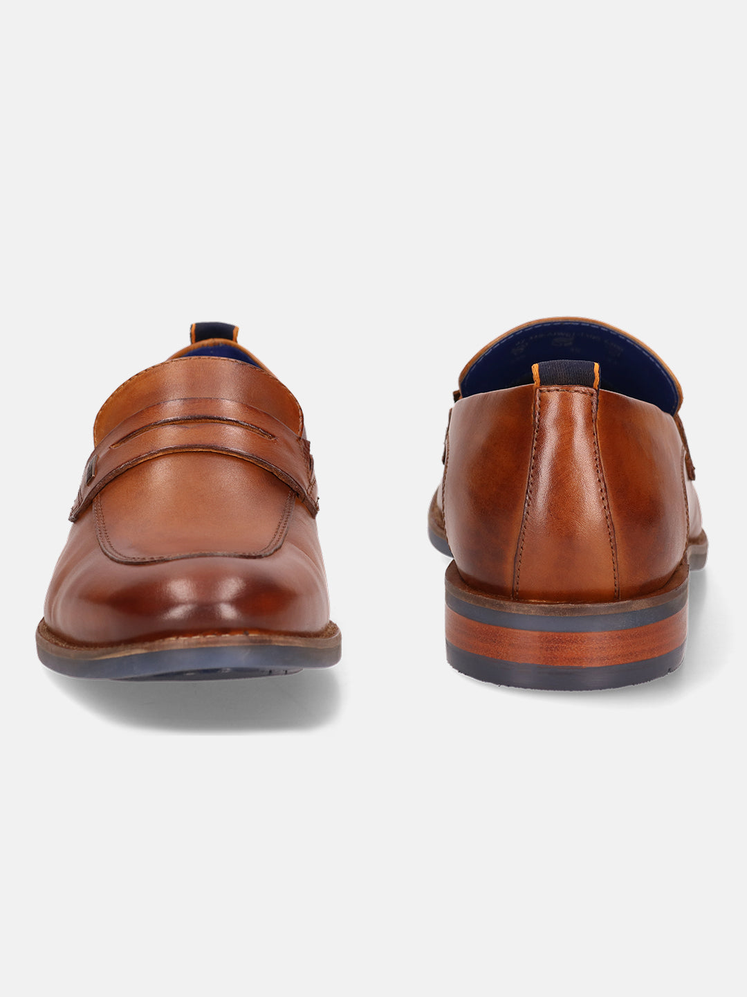 A cognac Men's bugatti Penny Loafer featuring a round apron toe, moulded  heel. Made from premium genuine leather with a durable tr outsole, this slip-on design offers both style and comfort.