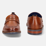 A cognac Men's bugatti Penny Loafer featuring a round apron toe, moulded  heel. Made from premium genuine leather with a durable tr outsole, this slip-on design offers both style and comfort.