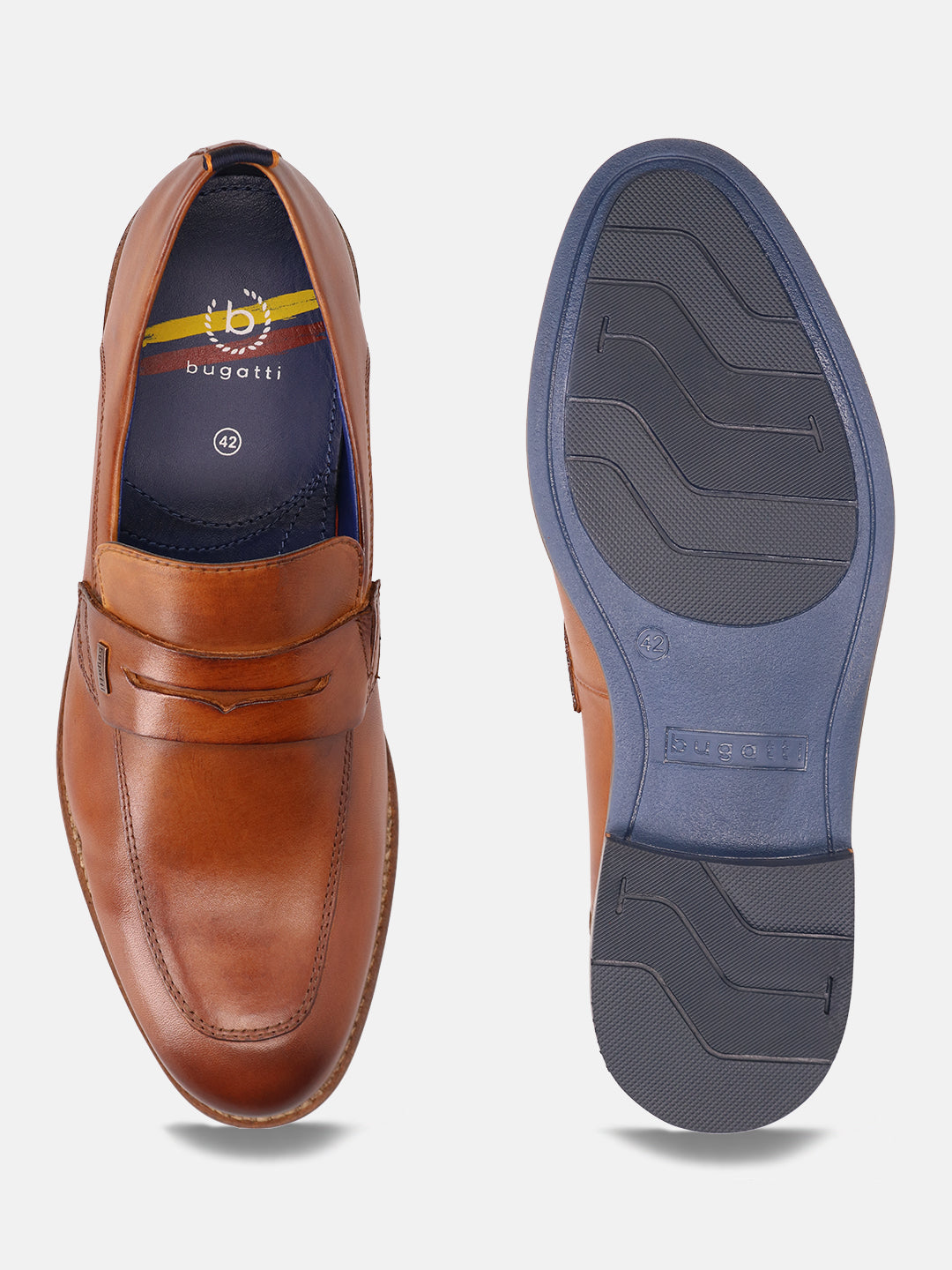 Cognac leather penny loafers by bugatti, featuring decorative stitching and blue soles, shown as a pair, front and sole views.