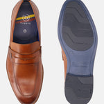 Cognac leather penny loafers by bugatti, featuring decorative stitching and blue soles, shown as a pair, front and sole views.