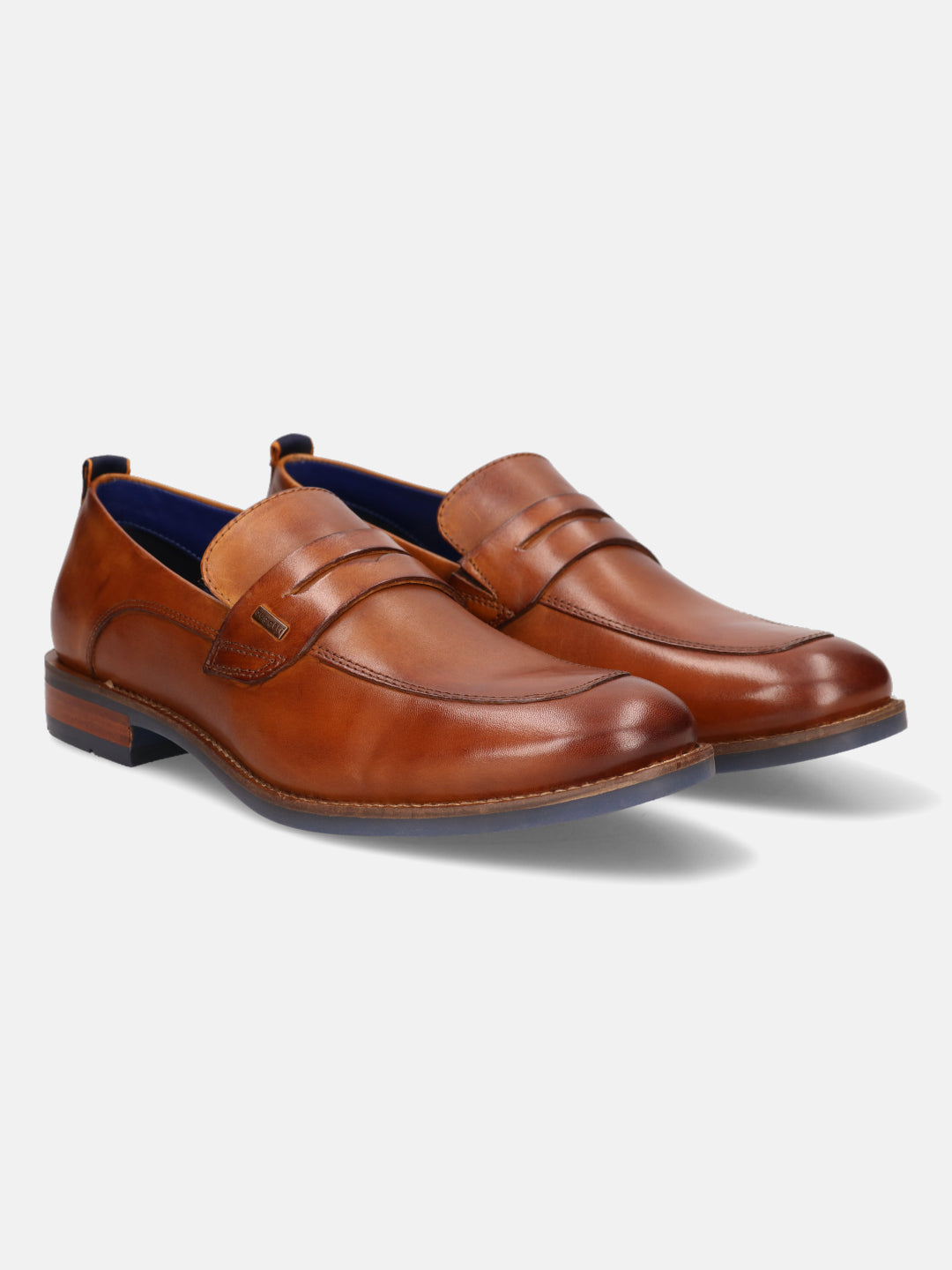 A cognac Men's bugatti Penny Loafer featuring a round apron toe, moulded  heel. Made from premium genuine leather with a durable tr outsole, this slip-on design offers both style and comfort.