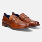 A cognac Men's bugatti Penny Loafer featuring a round apron toe, moulded  heel. Made from premium genuine leather with a durable tr outsole, this slip-on design offers both style and comfort.