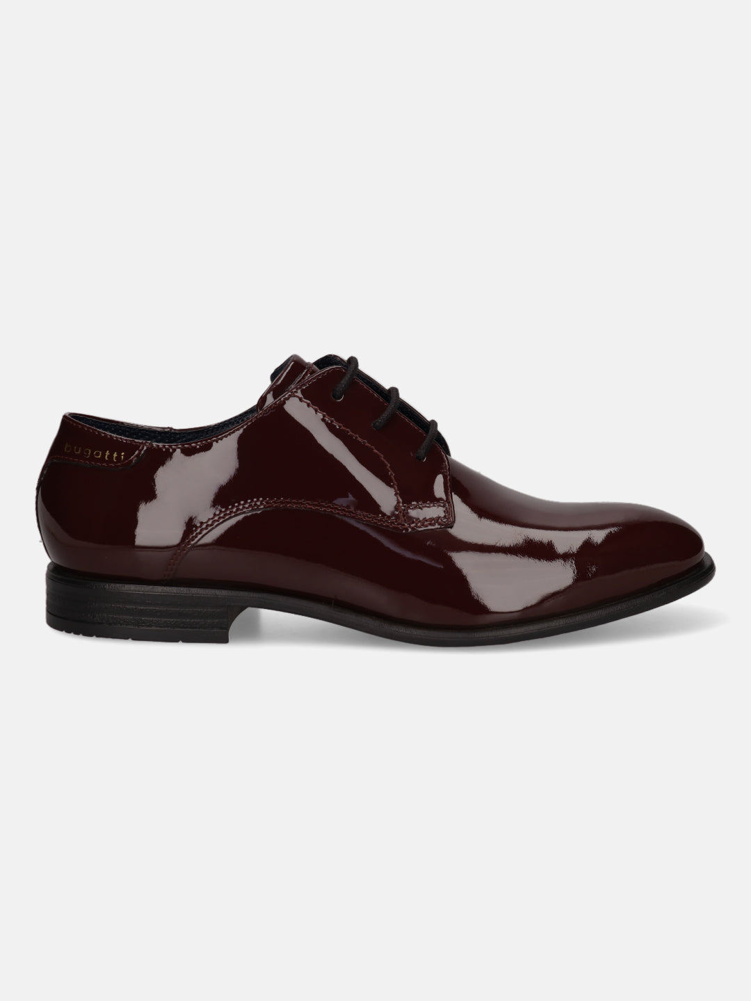 Bordeaux dress shoe of premium leather by bugatti featuring black laces and a glossy finish.