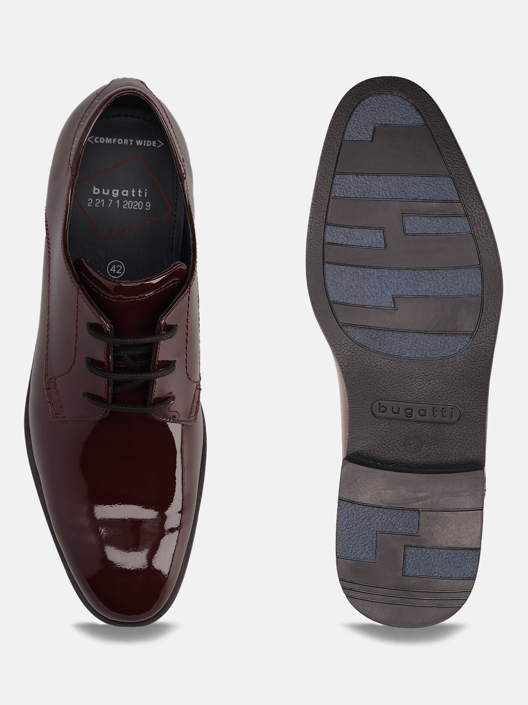 Burgundy leather derby dress shoes by bugatti, displaying the shoe's sole with geometric treads.