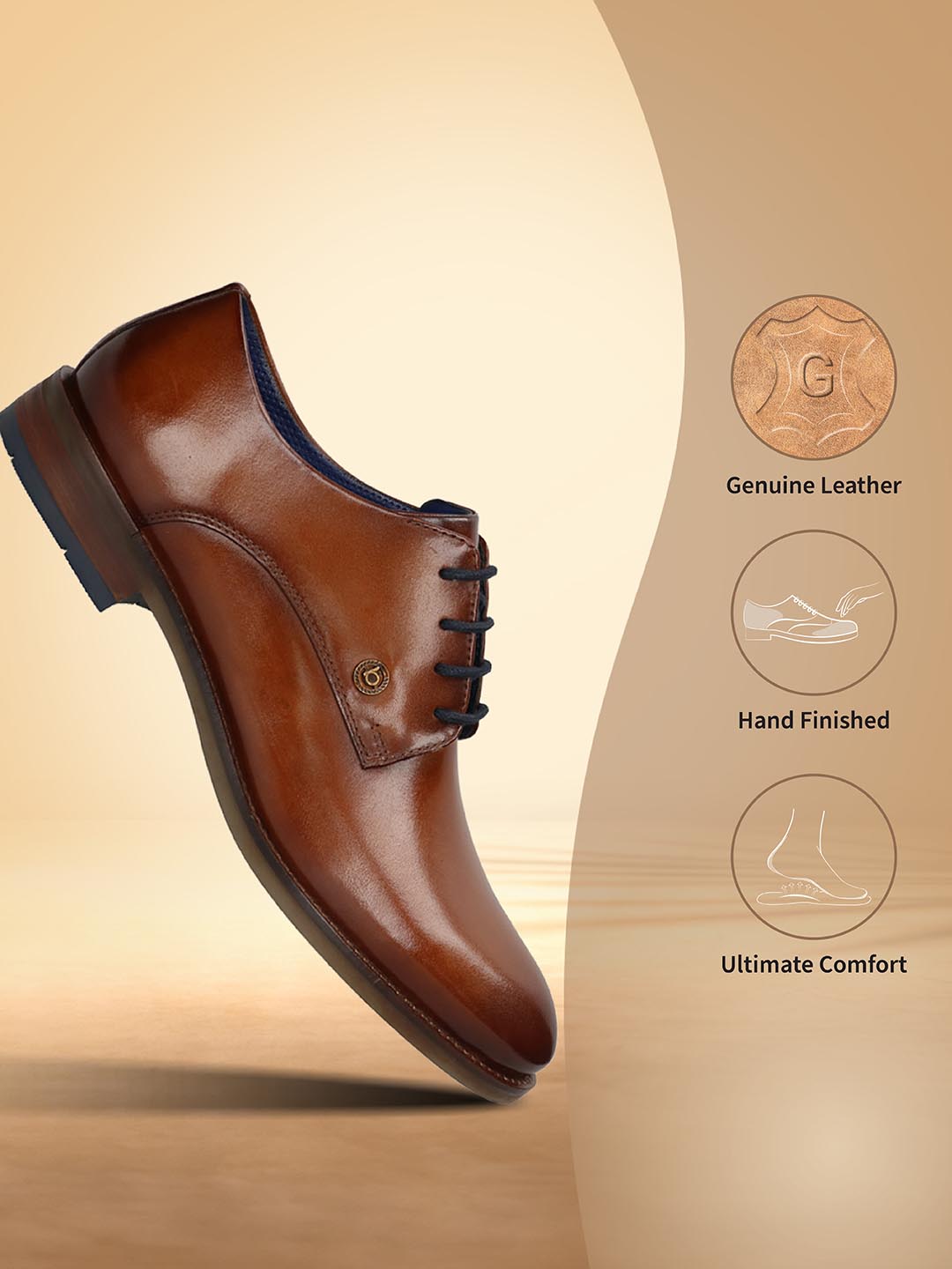Men's Bugatti derby cognac leather shoes with a round toe and plain toe featuring a moulded heel , a tpr outsole , and laces fastening.