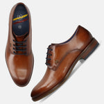 Men's Bugatti derby cognac leather shoes with a round toe and plain toe featuring a moulded heel , a tpr outsole , and laces fastening.