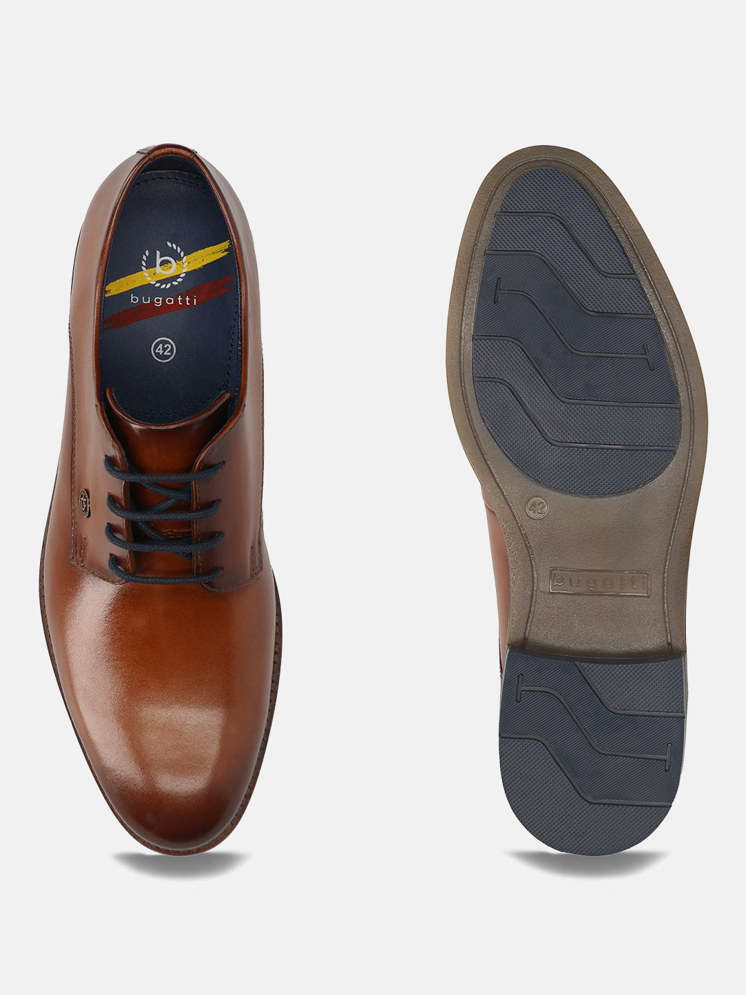 Men's Bugatti derby cognac leather shoes with a round toe and plain toe featuring a moulded heel , a tpr outsole , and laces fastening.